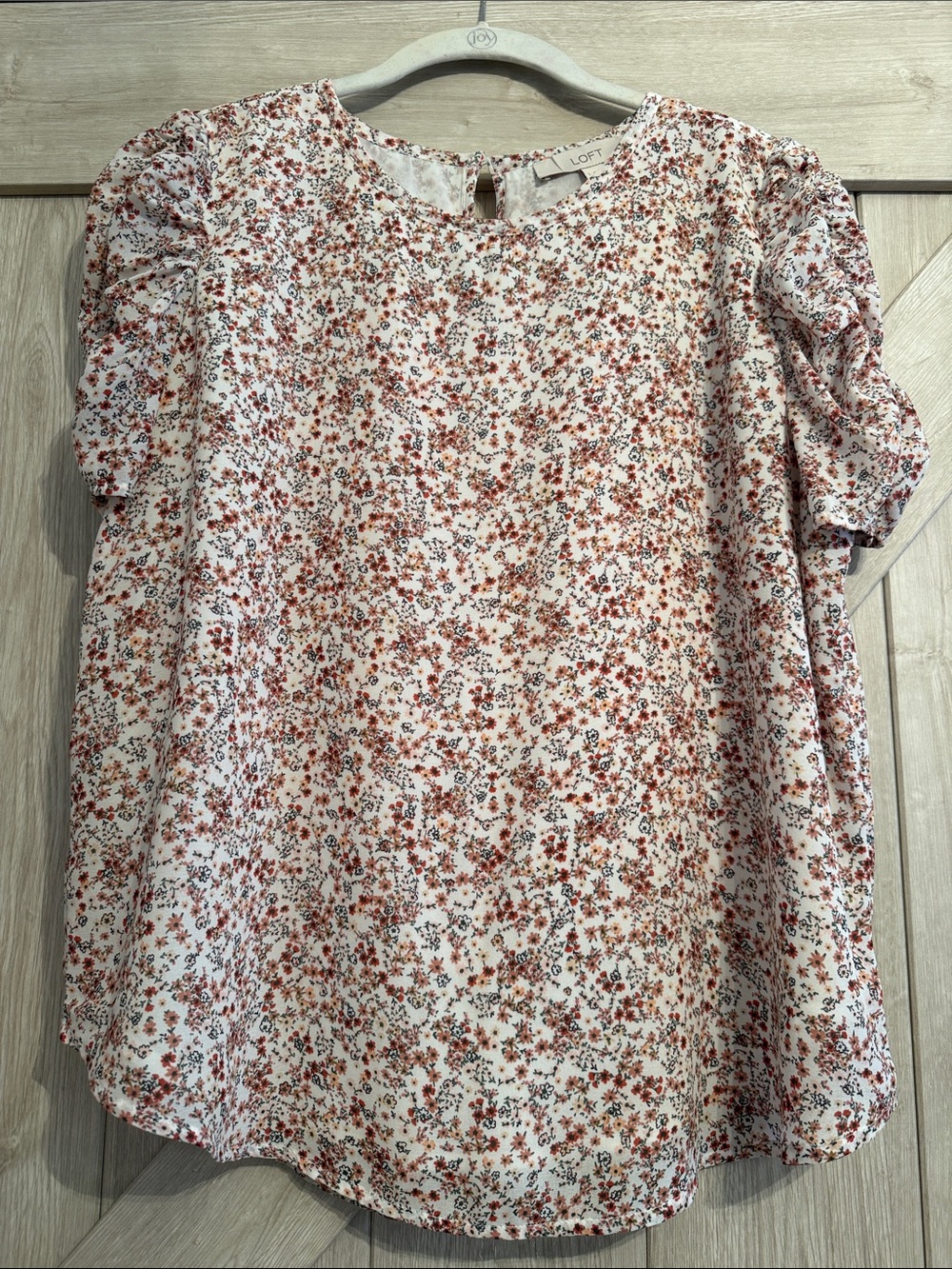 LOFT White Blouse with Rust Floral Print and Puff Sleeves